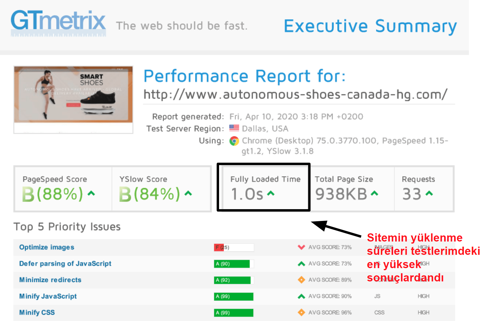 GTmetrix performance results_TR