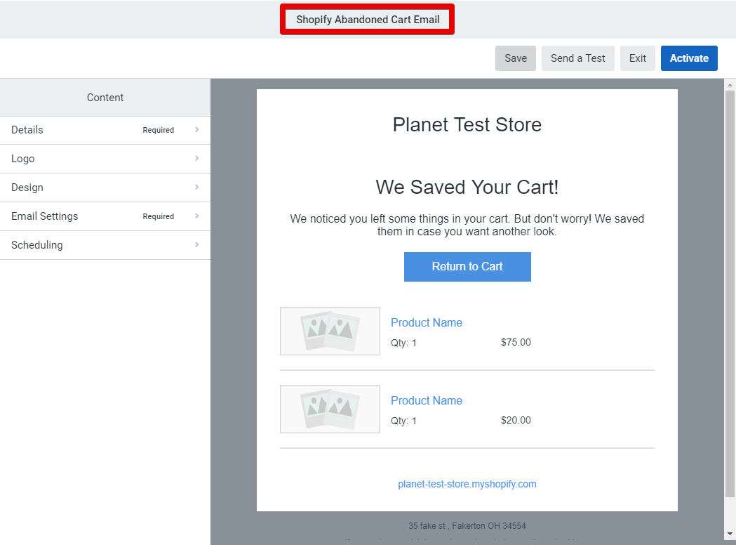 Constant Contact, Shopify Abandoned Cart Email template