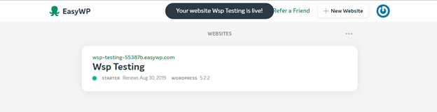 Completion screen for installing WordPress using EasyWP and Namecheap