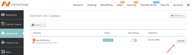 Namecheap domain management panel