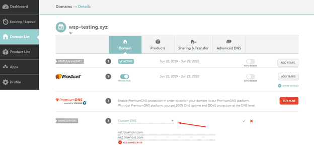 Namecheap domain management panel, Nameservers category page