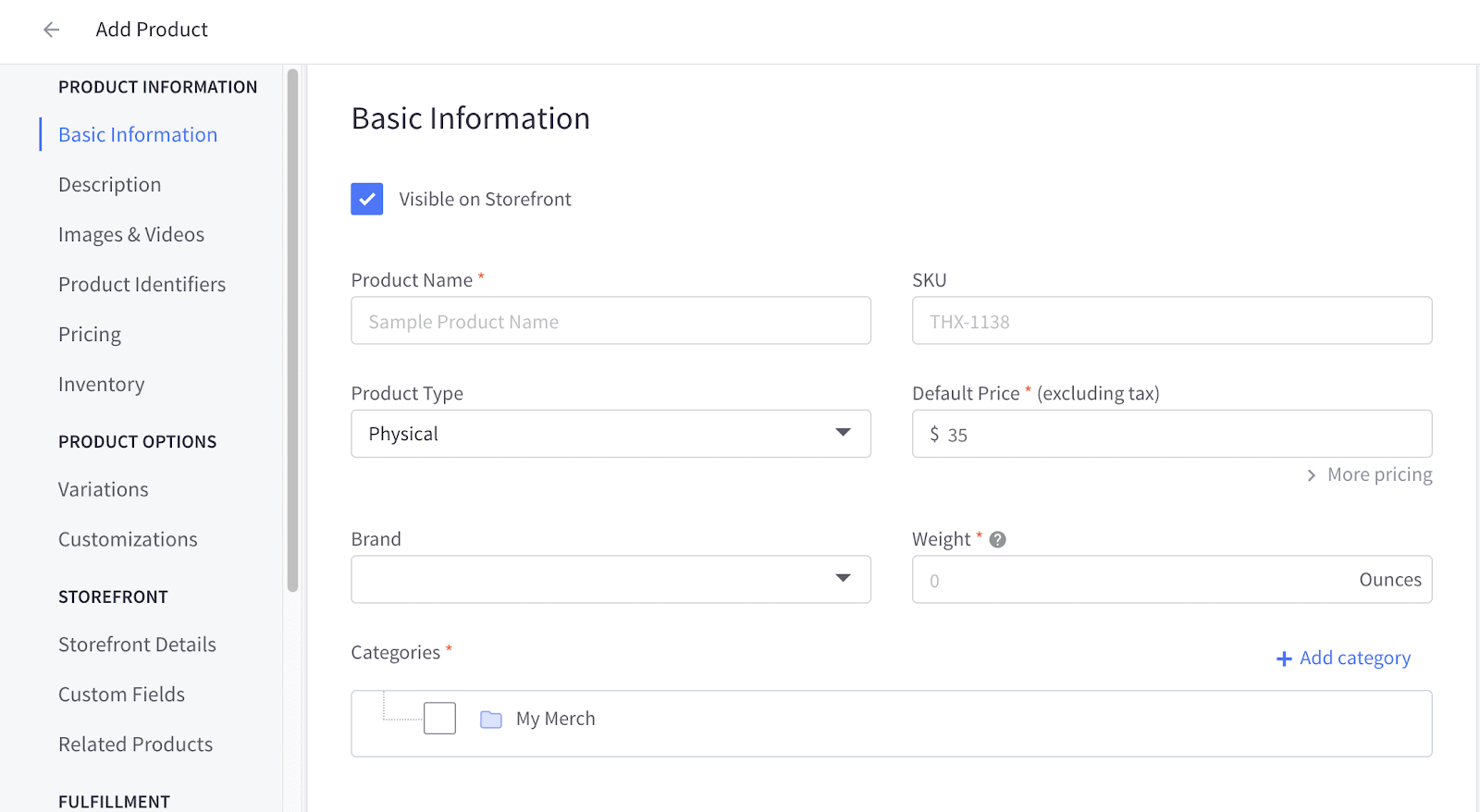 Partial view of BigCommerce’s product information fields