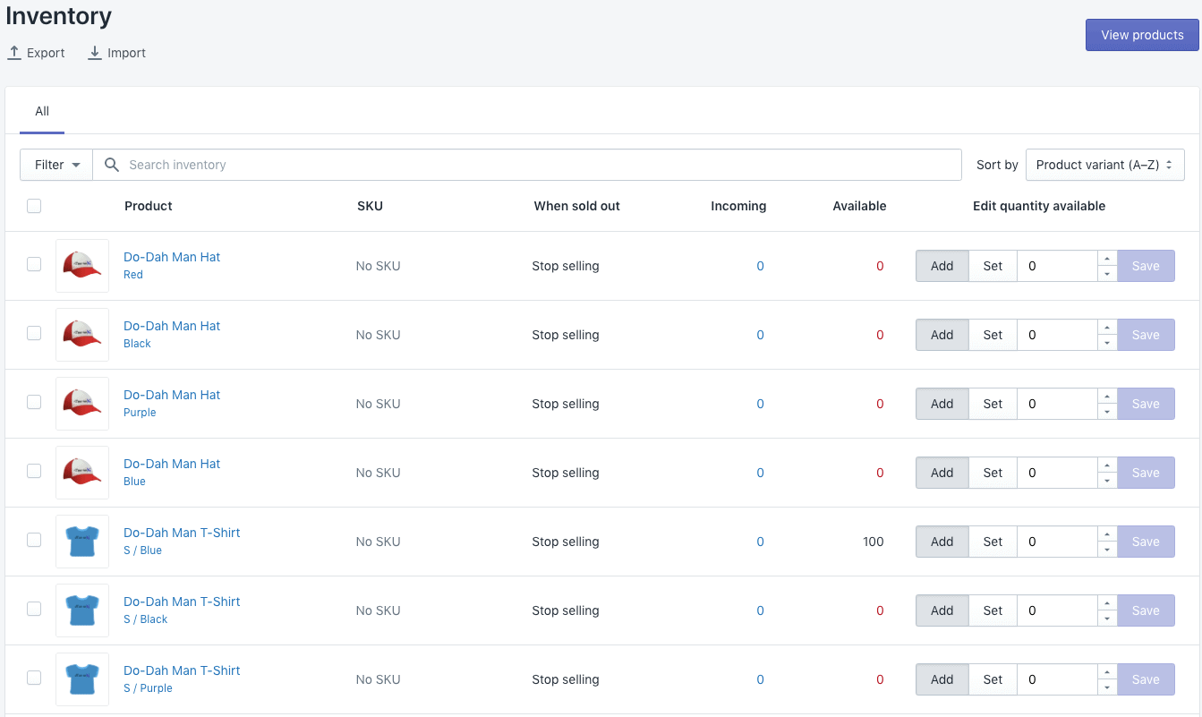 Shopify’s inventory tracking layout