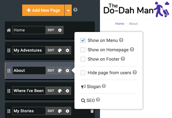 SITE123’s interface for adding and reordering pages or sections