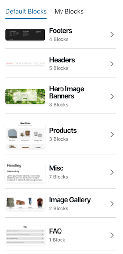 Categories of block layout options in the Volusion editor