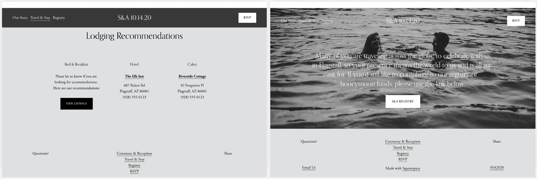 Pages from Squarespace's Soria Template