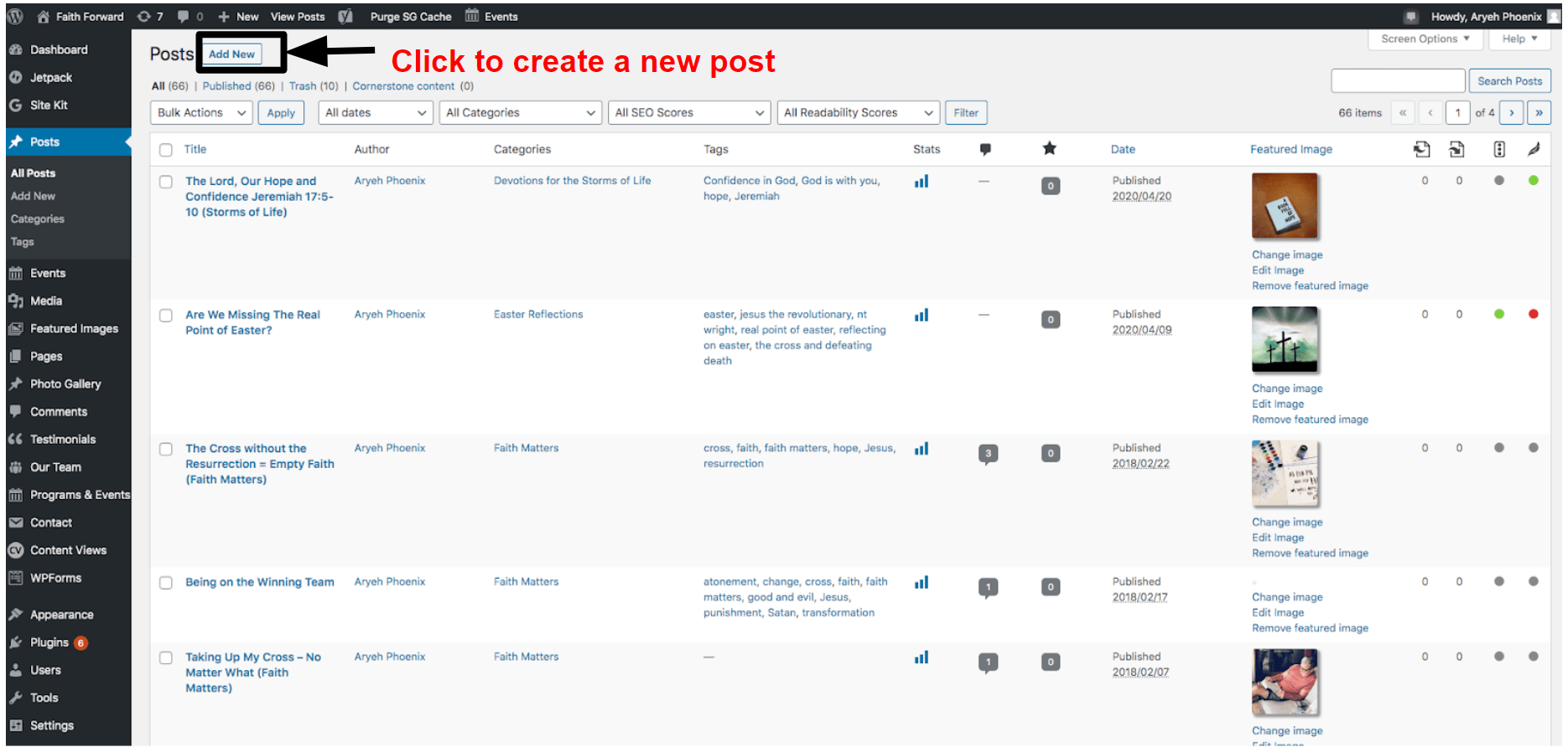 The posts panel in WordPress