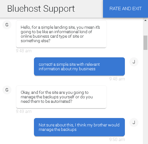 Bluehost customer support – live chat 1