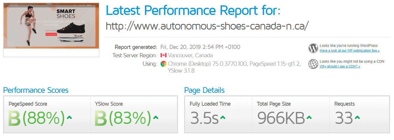 Web Hosting Canada GTmetrix test results