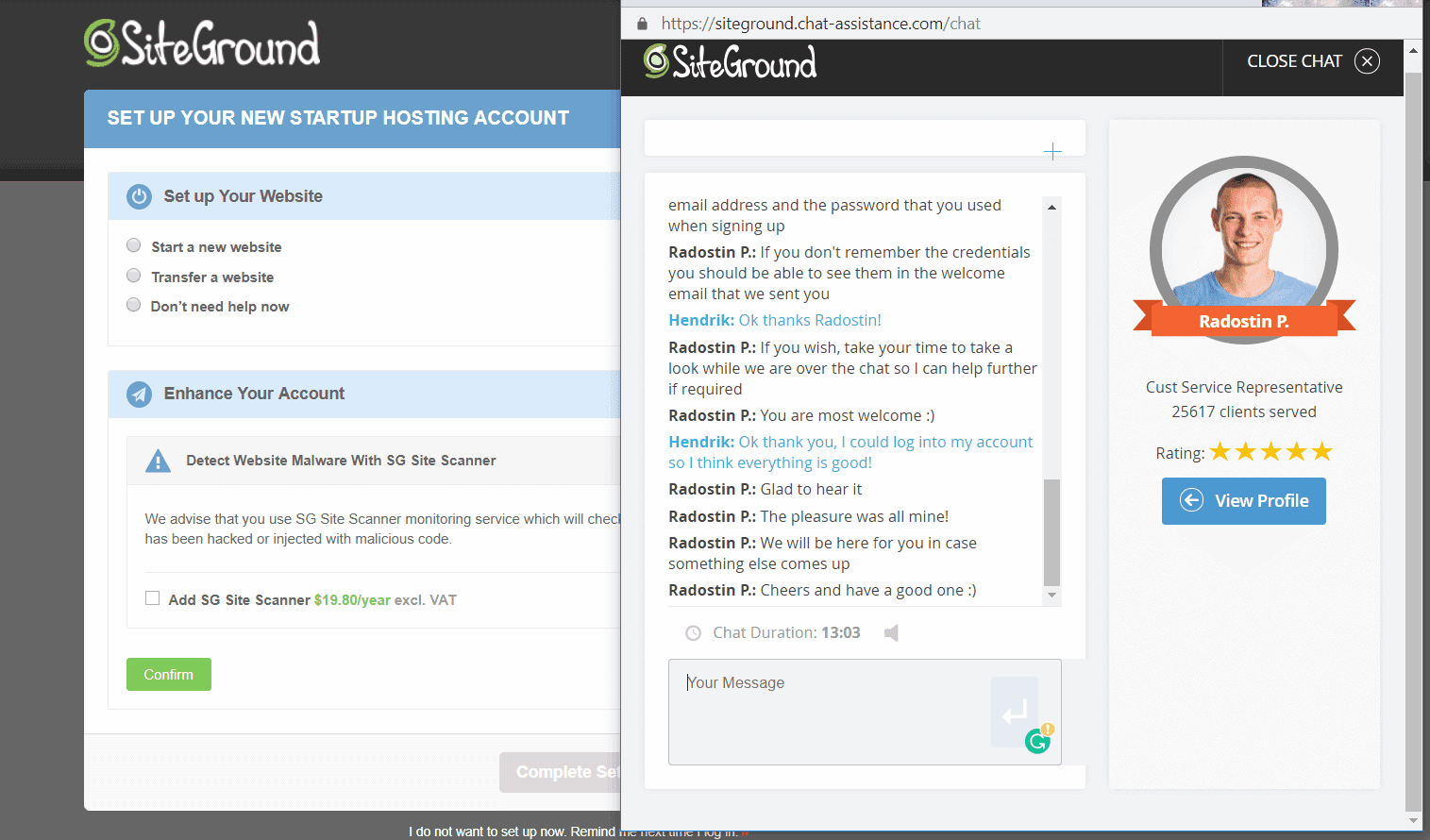 SiteGround's live chat support