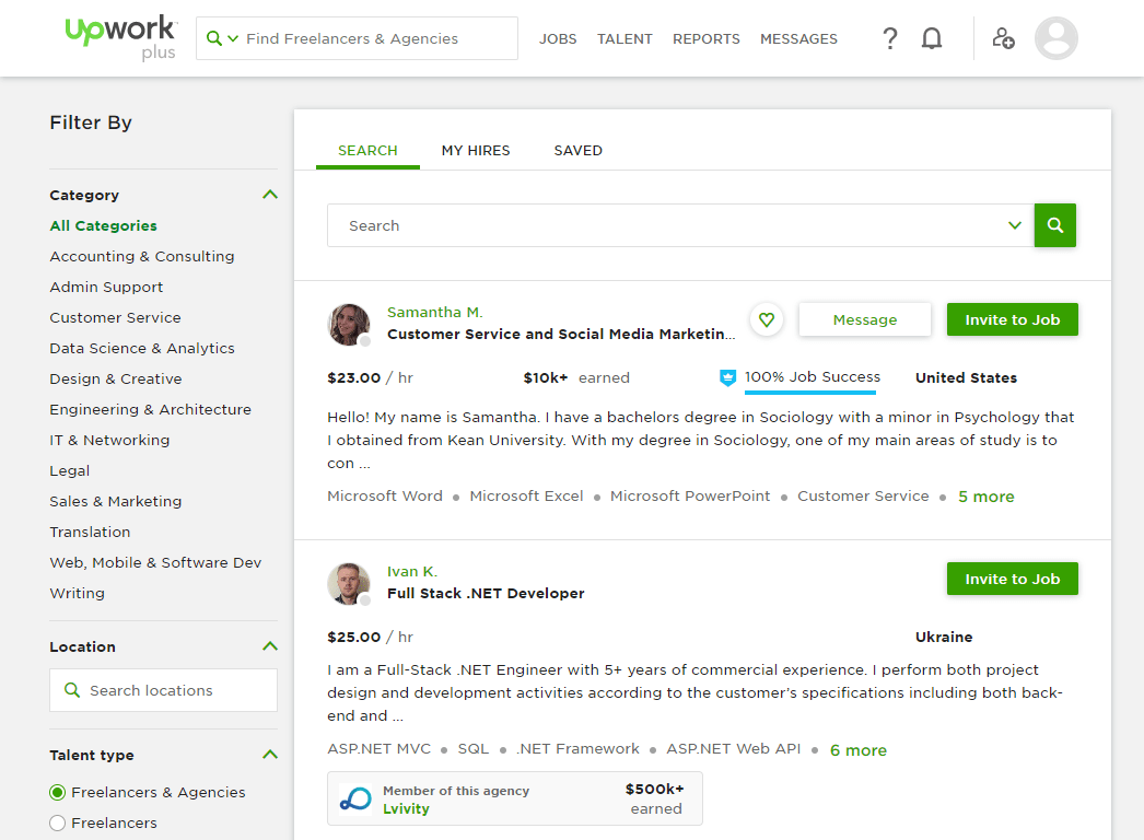 Upwork profile search