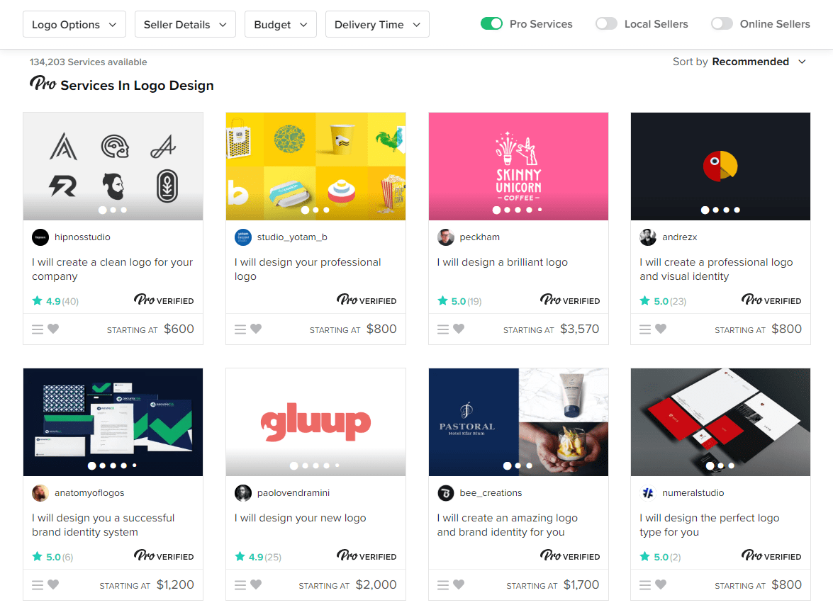 Wyszukiwanie usług typu Pro na Fiverr