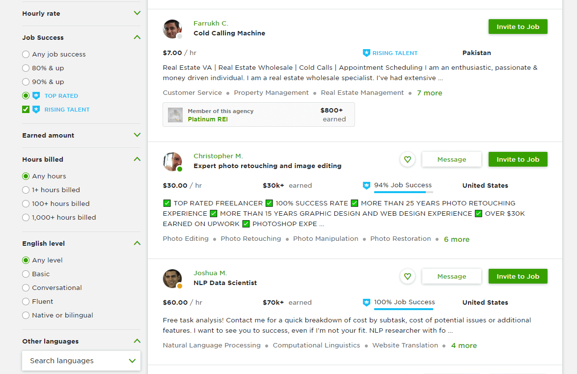 Browsing Top Rated profiles on Upwork