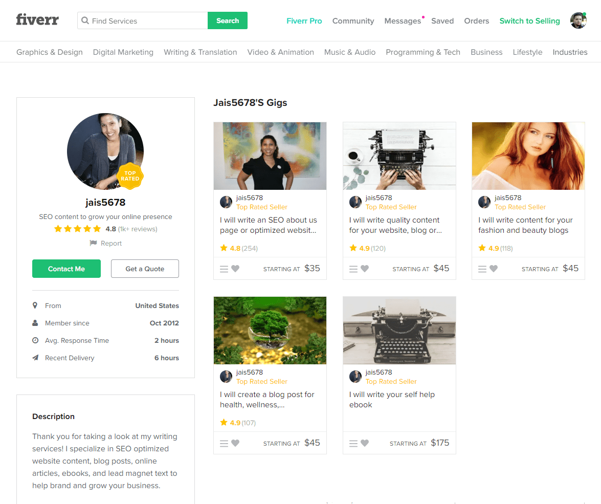 A user profile on Fiverr