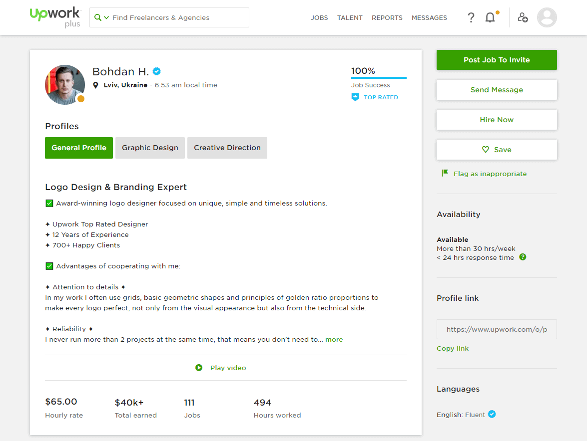 A user profile on Upwork