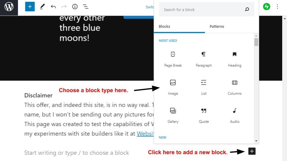 The menu for choosing content blocks