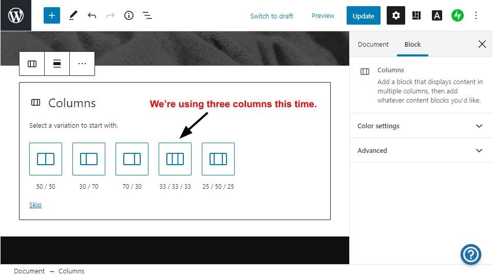 Selecting the three-column layout