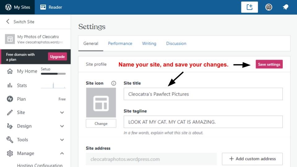 the settings page where you can change your site's title