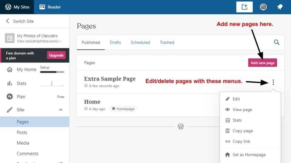 The WordPress page management screen