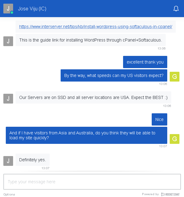 InterServer's live chat support - speeds