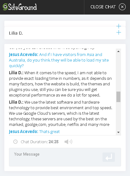 SiteGround's live chat support agent was helpful