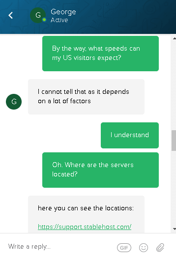 StableHost's live chat support agent was unhelpful