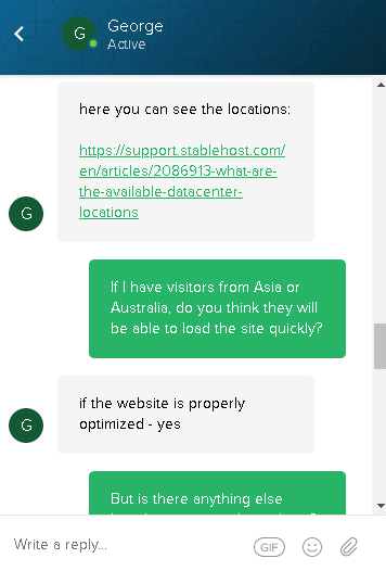 StableHost's live chat support - loading speeds