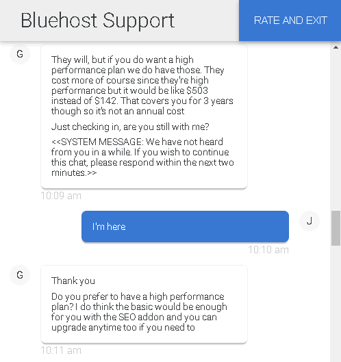 Bluehost's live chat support with more upsells