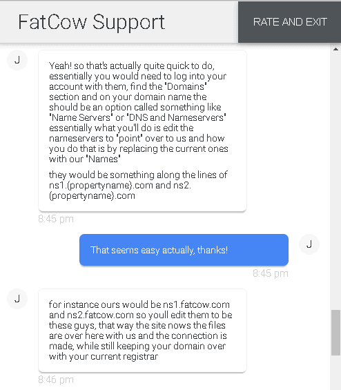 FatCow's live chat support provides detailed answers