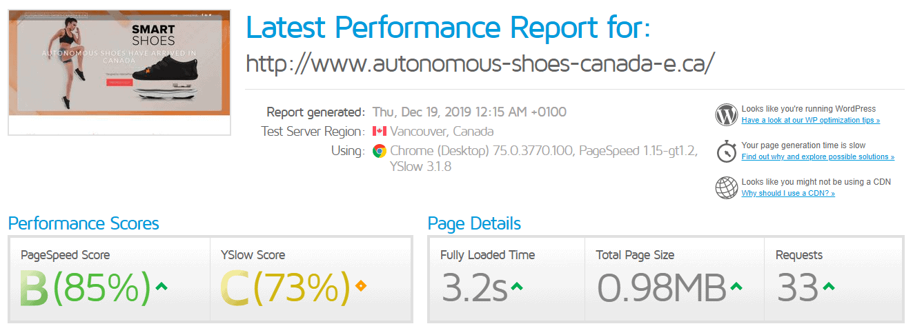 HostPapa GTmetrix test results