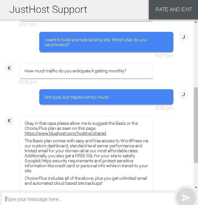 JustHost live chat support - plan recommendations