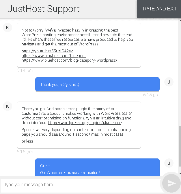 JustHost live chat support - WordPress