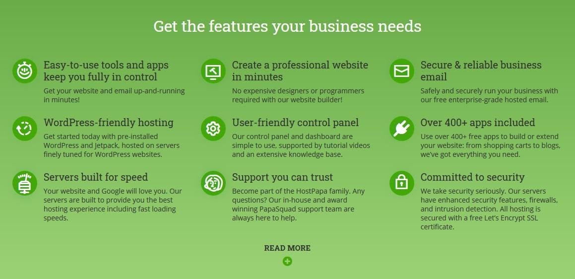 HostPapa's features for businesses