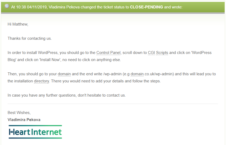 Heart Internet's support ticket system