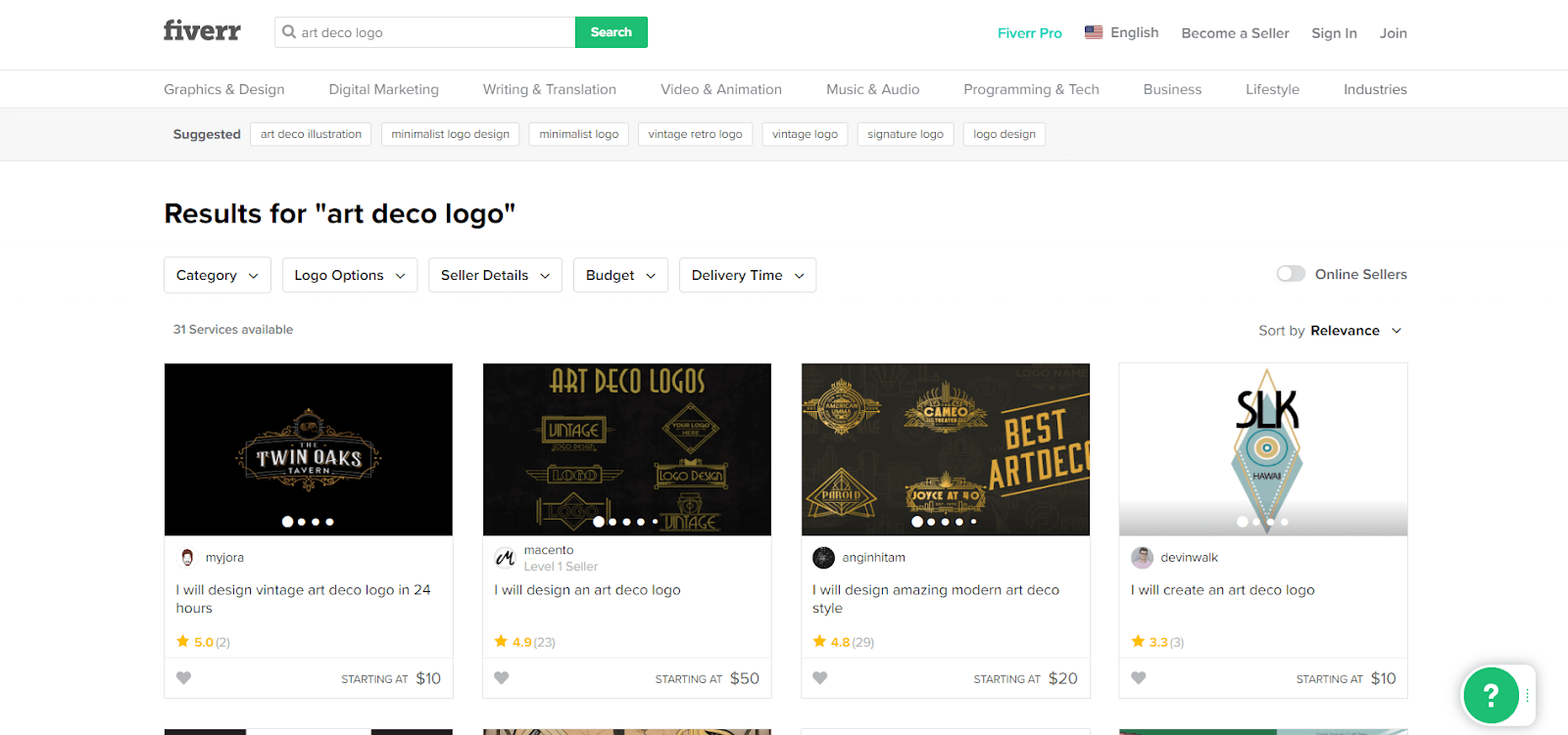 Fiverr screenshot - art deco logo designers