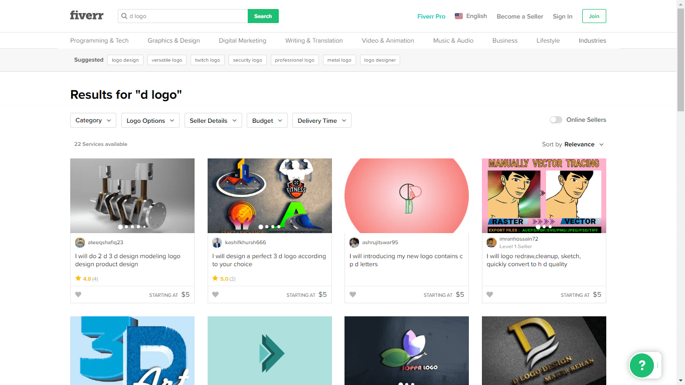 Fiverr screenshot - D logo designers