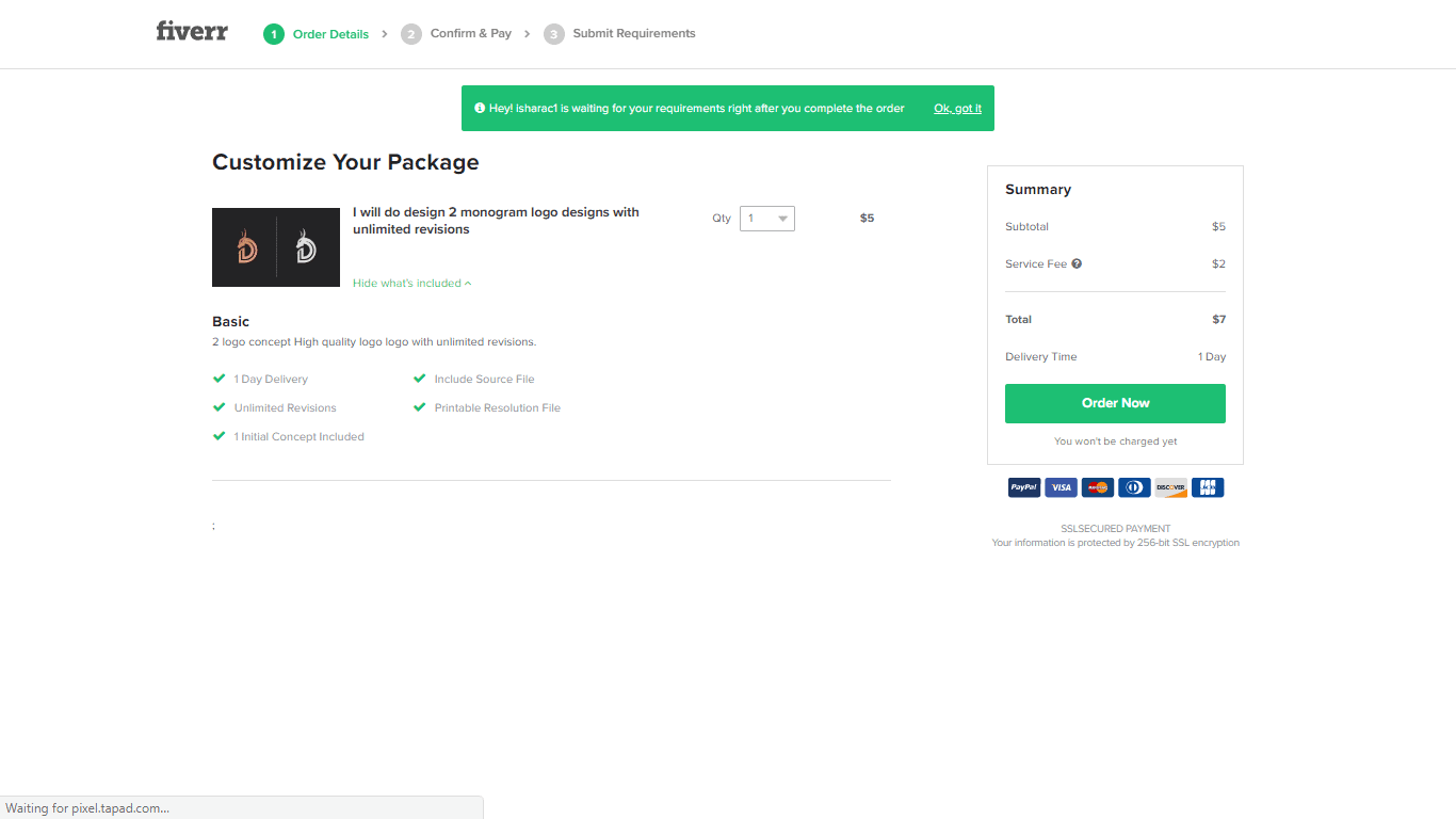 Fiverr screenshot - Customize Your Package