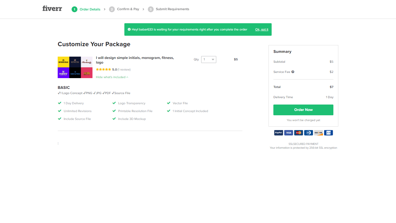 Fiverr screenshot - Customize Your Package