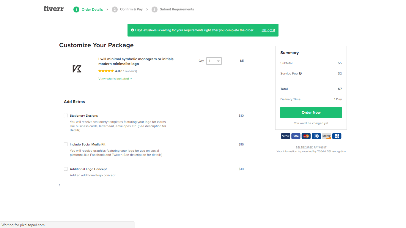 Fiverr screenshot - Customize Your Package