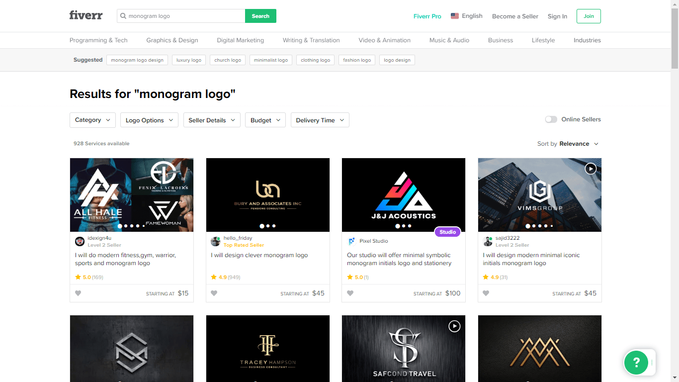 Fiverr screenshot - monogram logo designers