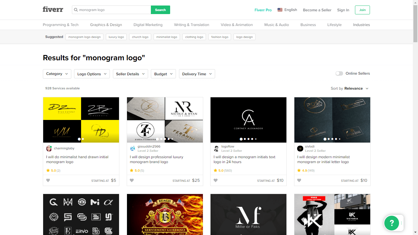 Fiverr screenshot - monogram logo designers