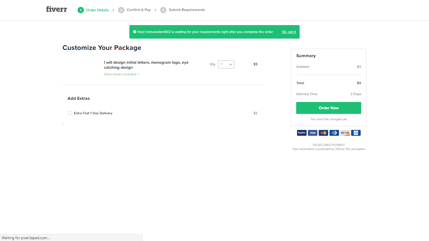 Fiverr screenshot - Customize Your Package