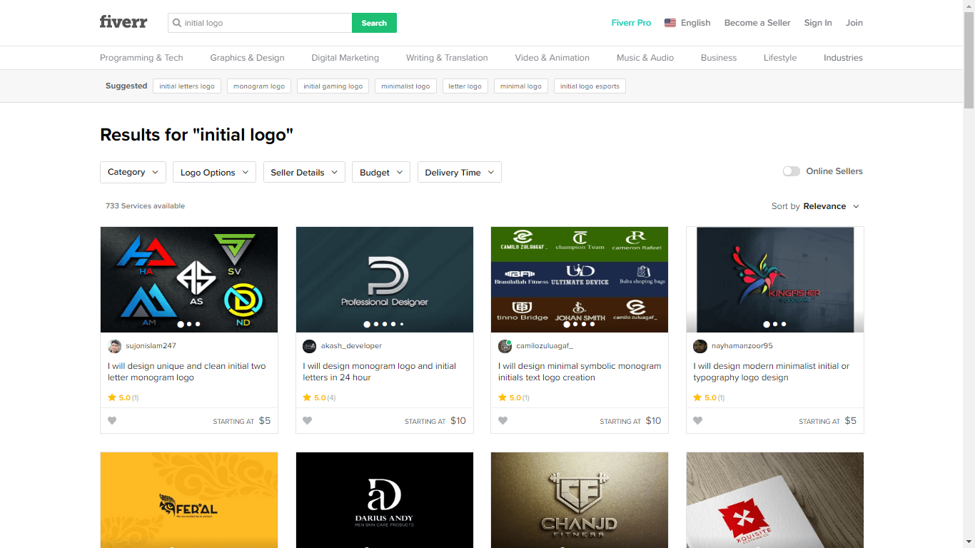 Fiverr screenshot - initial logo designers