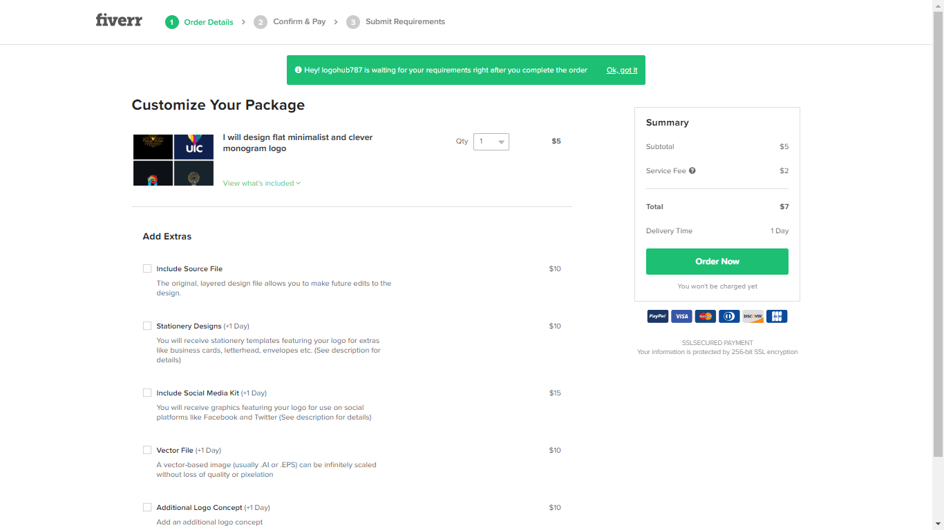 Fiverr screenshot - Customize Your Package