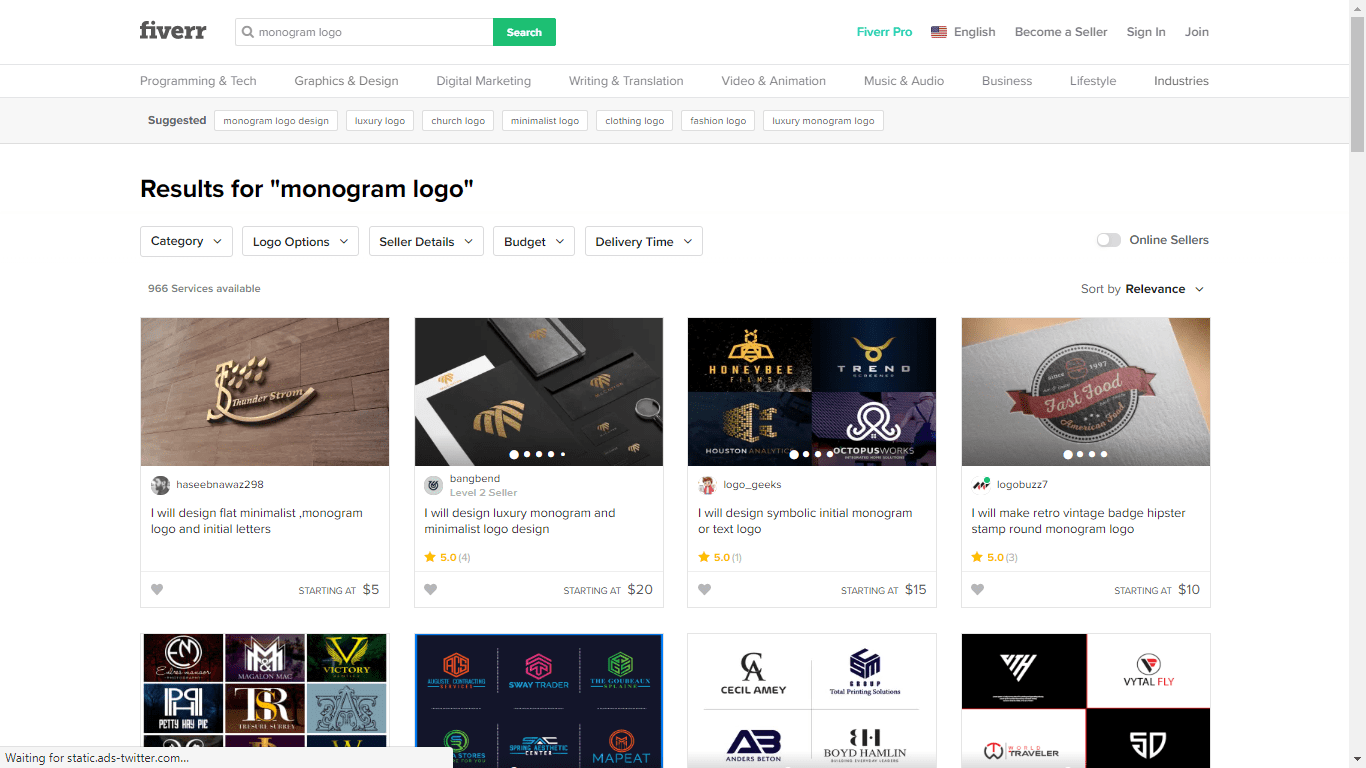Fiverr screenshot - monogram logo designers