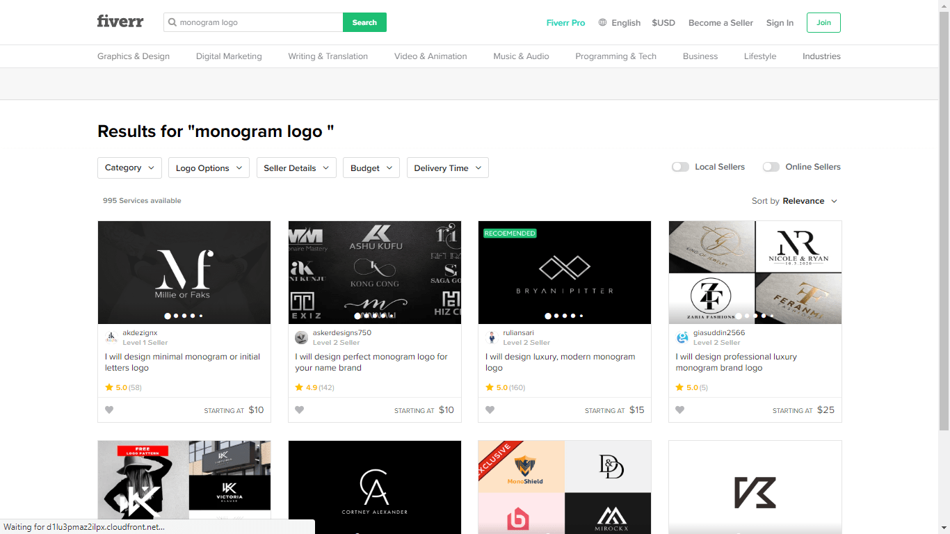 Fiverr screenshot - monogram logo designers