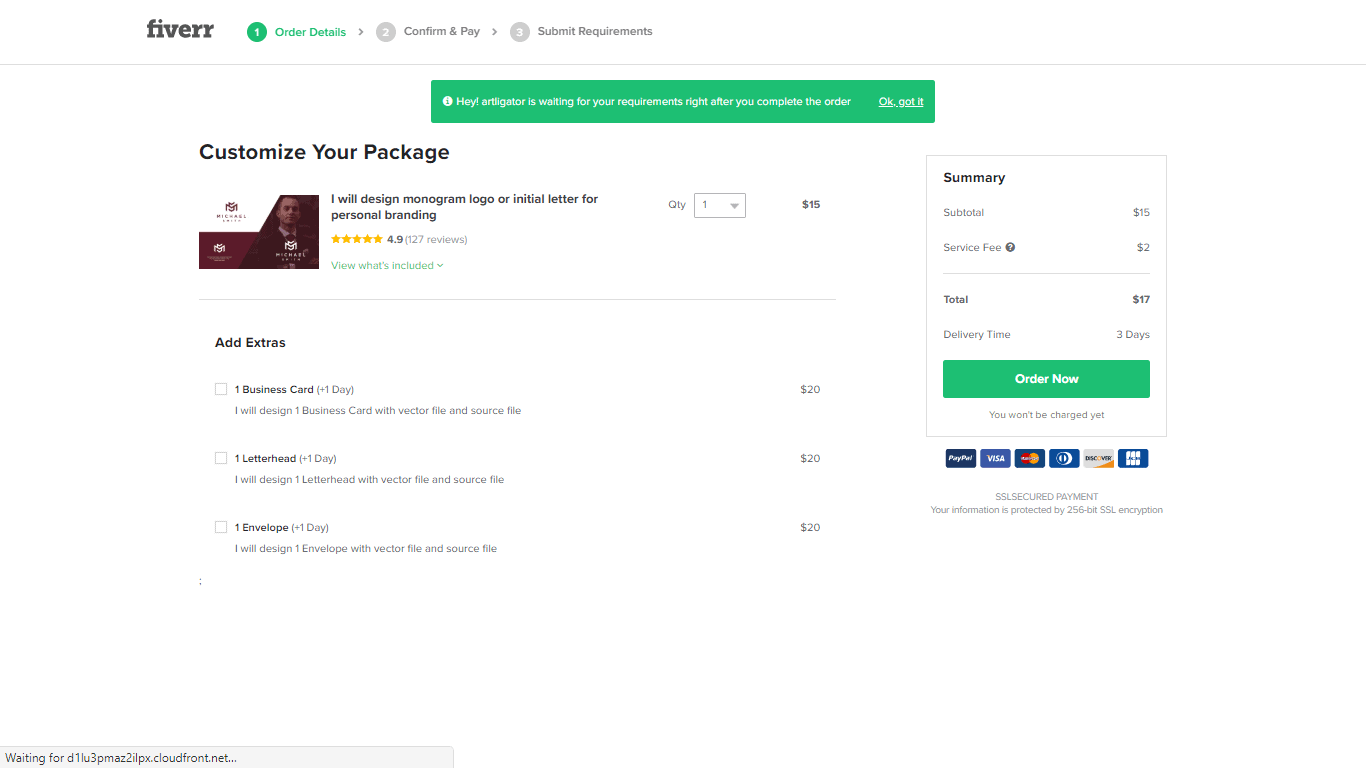 Fiverr screenshot - Customize Your Package