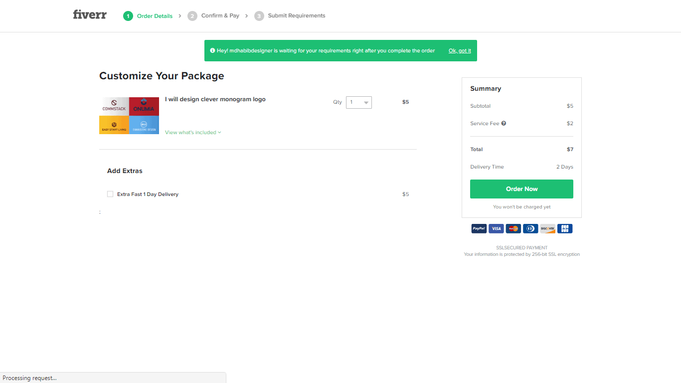 Fiverr screenshot - Customize Your Package