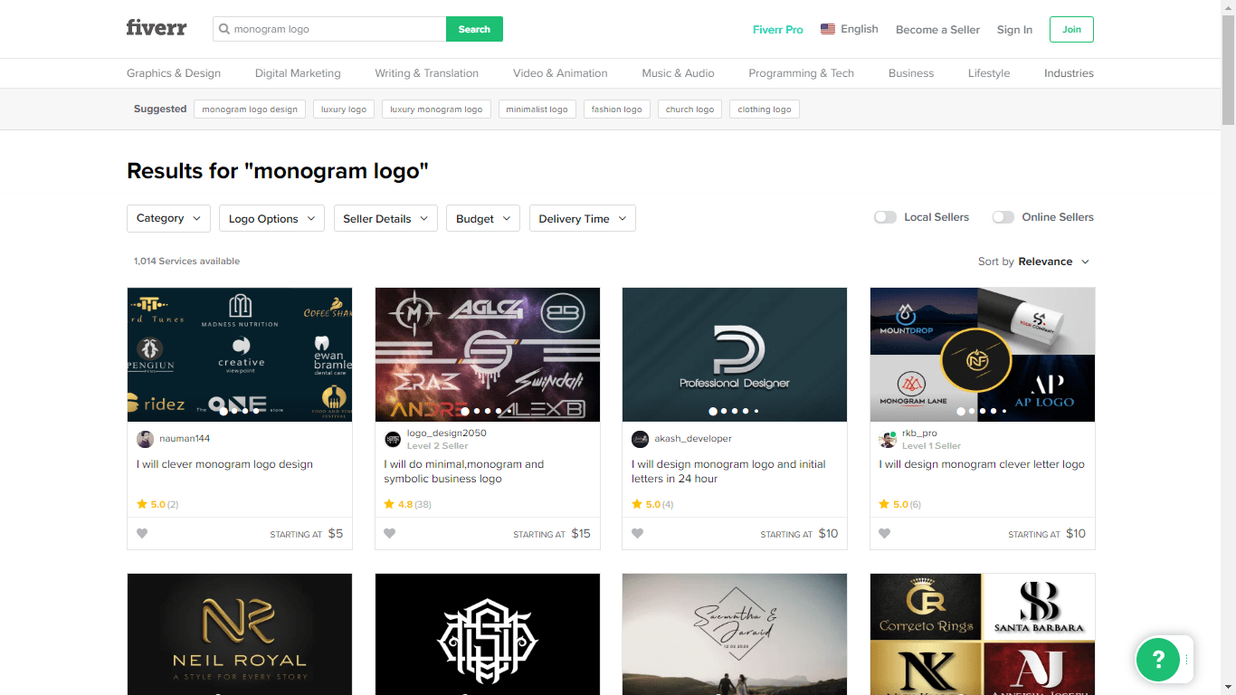 Fiverr screenshot - monogram logo designers