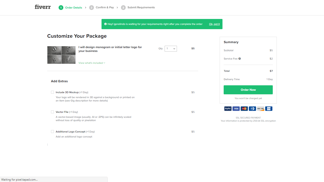 Fiverr screenshot - Customize Your Package